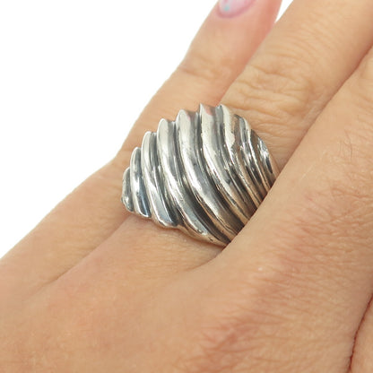925 Sterling Silver Vintage Modernist Wavy Ribbed Oxidized Ring Size 7
