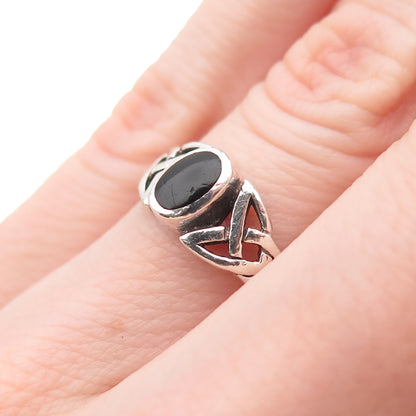 925 Sterling Silver Vintage Real Black Onyx Celtic Trinity Knot Ring Size 6