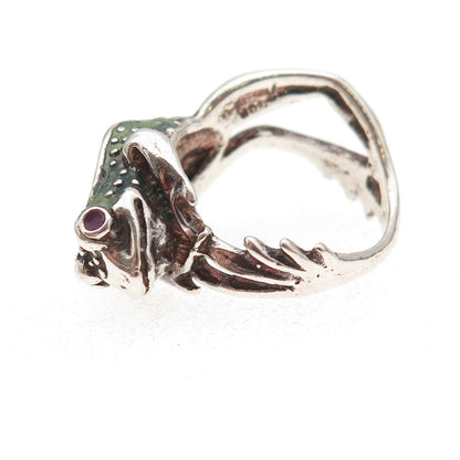 925 Sterling Silver Vintage Enamel Frog Good Luck Oxidized Ring Size 6