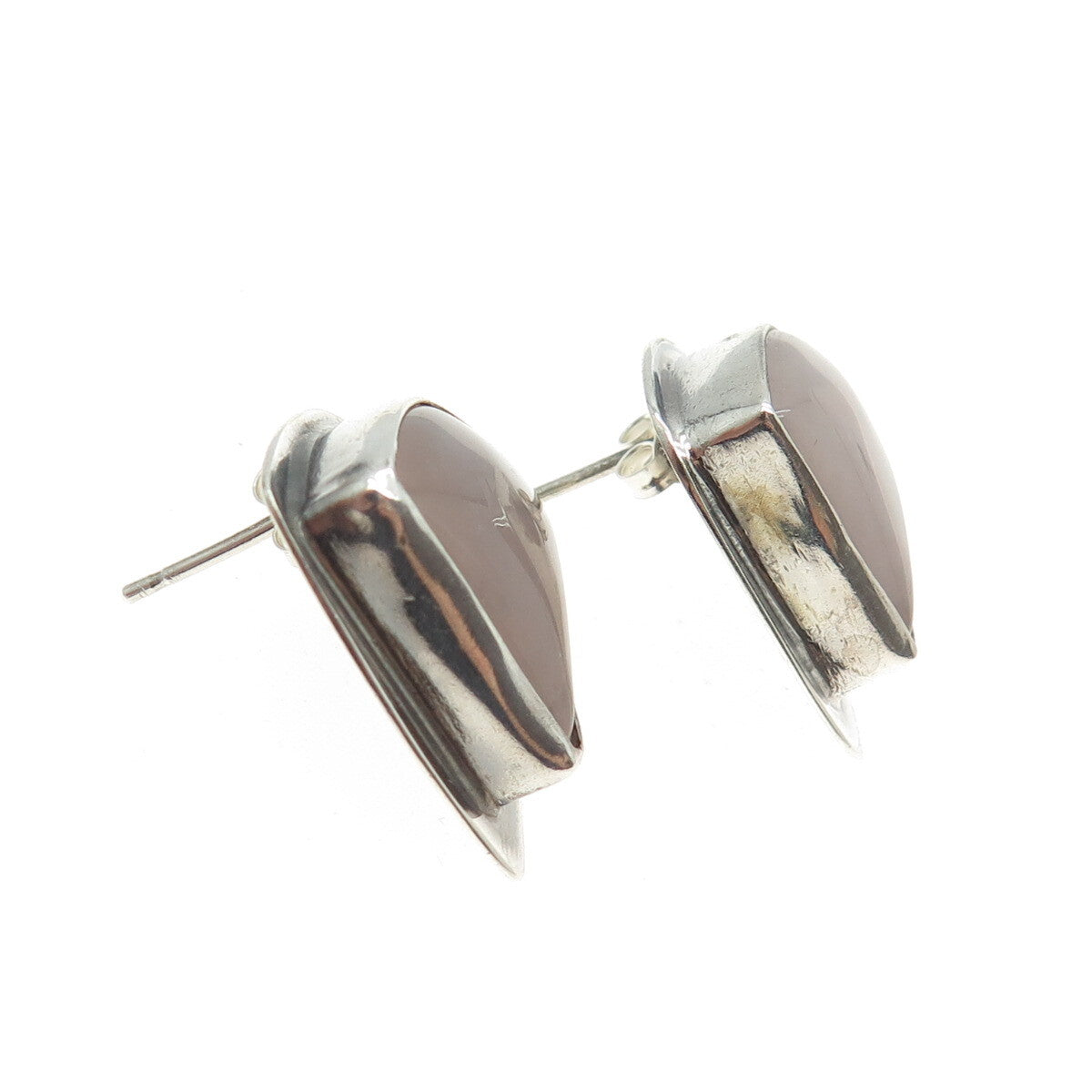 MATHEWS 925 Sterling Silver Vintage Real Rose Quartz Modernist Earrings