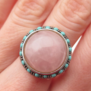 925 Sterling Silver Vintage Real Rose Quartz Turquoise Modernist Ring Size 7.75