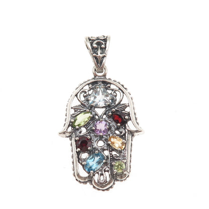 Didae 925 Sterling Silver Vintage Real Multi-Gem Hamsa Amulet Charm Pendant