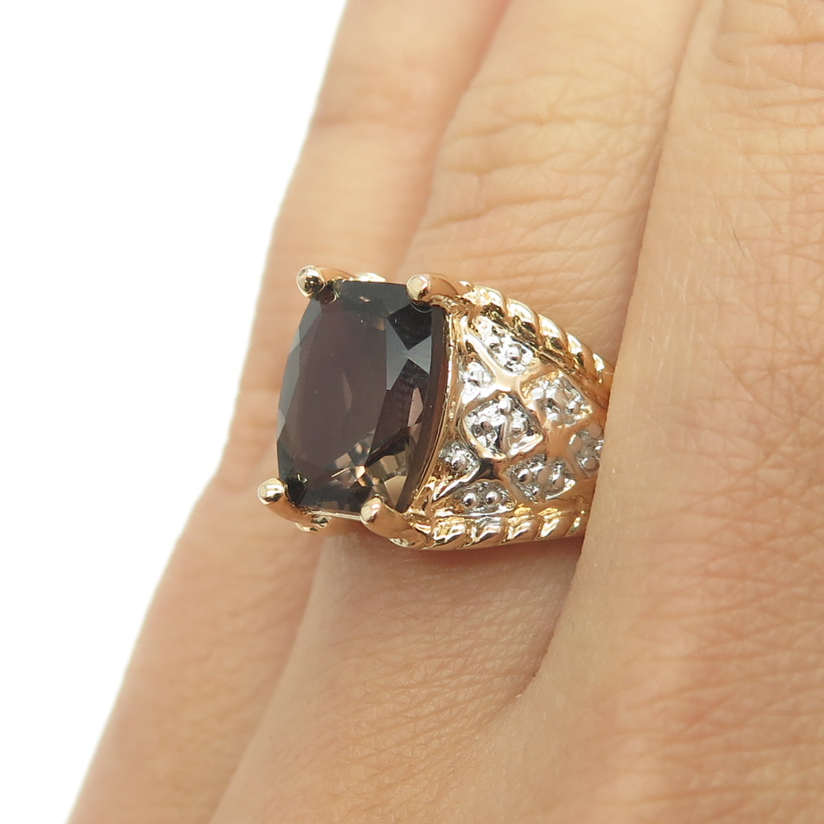 925 Sterling Silver Gold Plated Real Diamond Accent & Smoky Quartz Ring Size 6