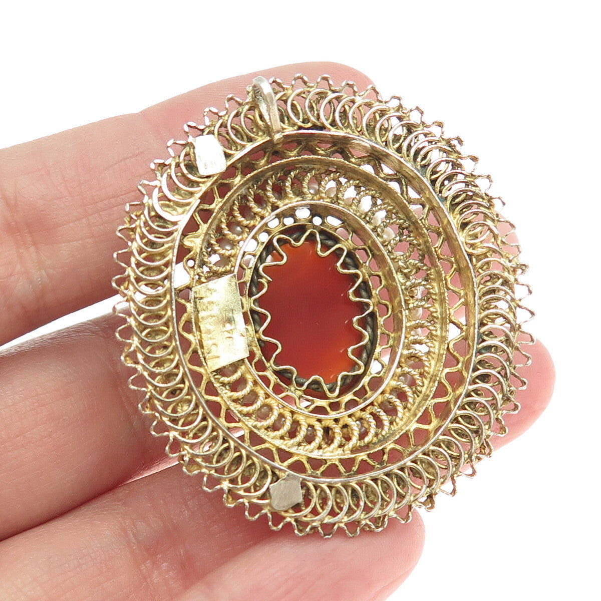 925 Sterling Silver Gold Plated Vintage Israel Carnelian Gem Faux Pearl Pendant