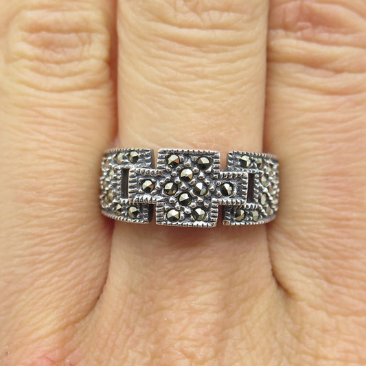 925 Sterling Silver Vintage Real Marcasite Cross Oxidized Ring Size 8.25