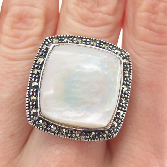 925 Sterling Silver Vintage Real Mother-of-Pearl Marcasite Oxidized Ring Size 6