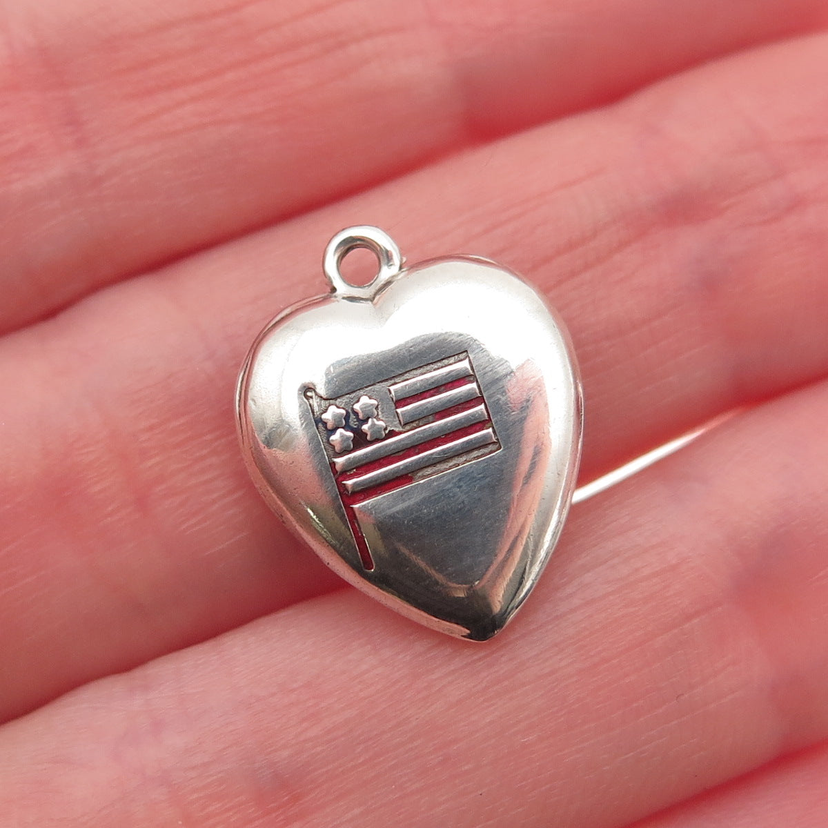 925 Sterling Antique Enamel US Flag Chatelaine Engraved Heart Mini Charm Pendant