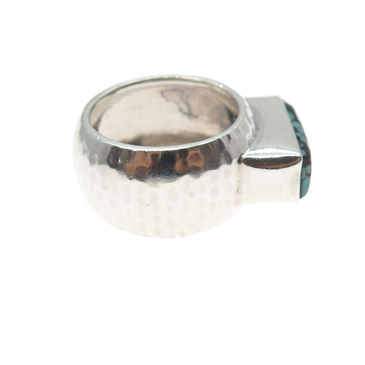 925 Sterling Silver Vintage Real Peacock Turquoise Hammered Finish Ring Size 7.5