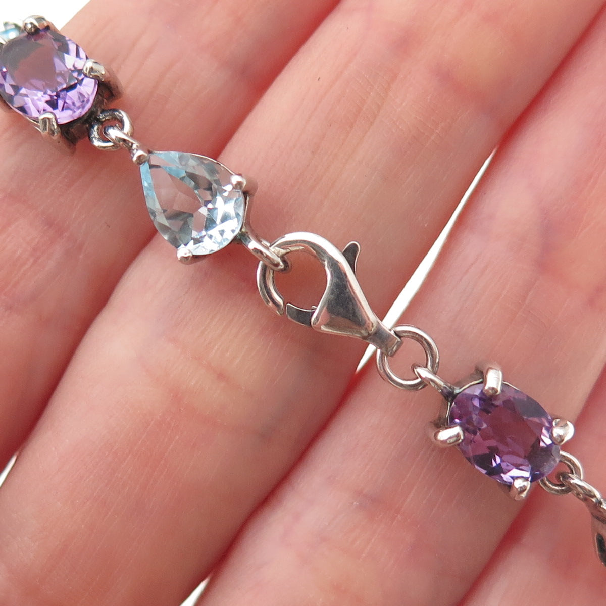 925 Sterling Silver Vintage Real Blue Topaz & Amethyst Bracelet 7.25"