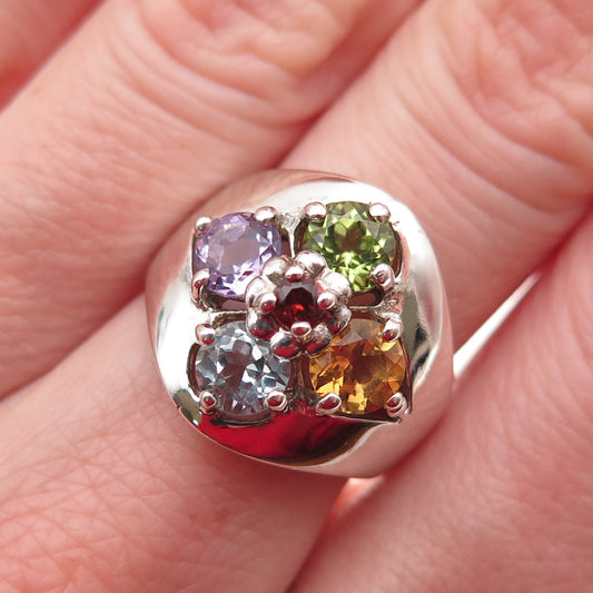 Pranda 925 Sterling Vintage Topaz Amethyst Peridot Citrine & Garnet Ring Size 7