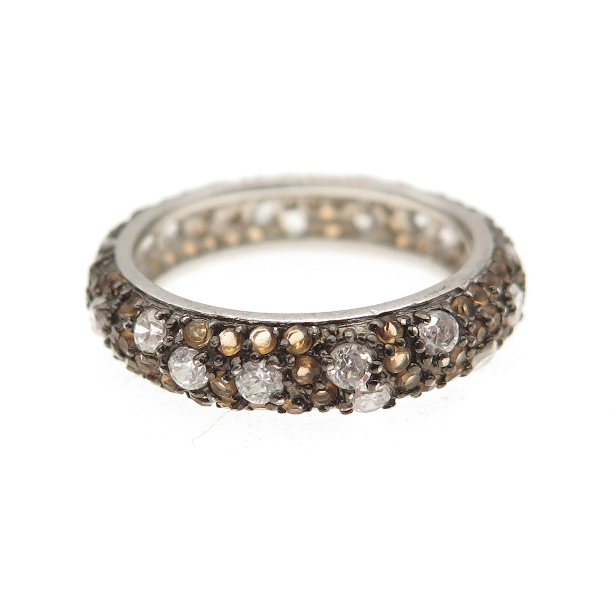 925 Sterling Silver Real Round-Cut Smoky Quartz & C Z Band Ring Size 6