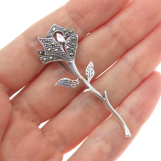925 Sterling Silver Vintage Real Marcasite Rose Flower Pin Brooch