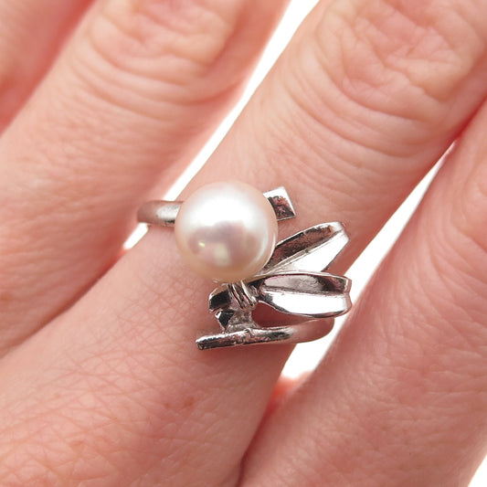 925 Sterling Silver Antique Art Deco Real Akoya Pearl Floral Ring Size 6.75