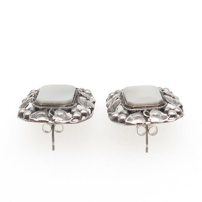925 Sterling Silver Vintage Real MOP Floral Leaf Oxidized Earrings
