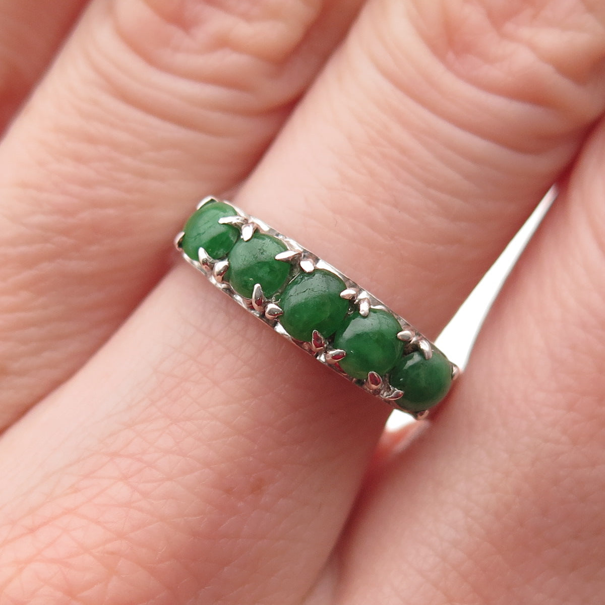 925 Sterling Silver Antique Art Deco Real Graduated Jade Ring Size 7.75