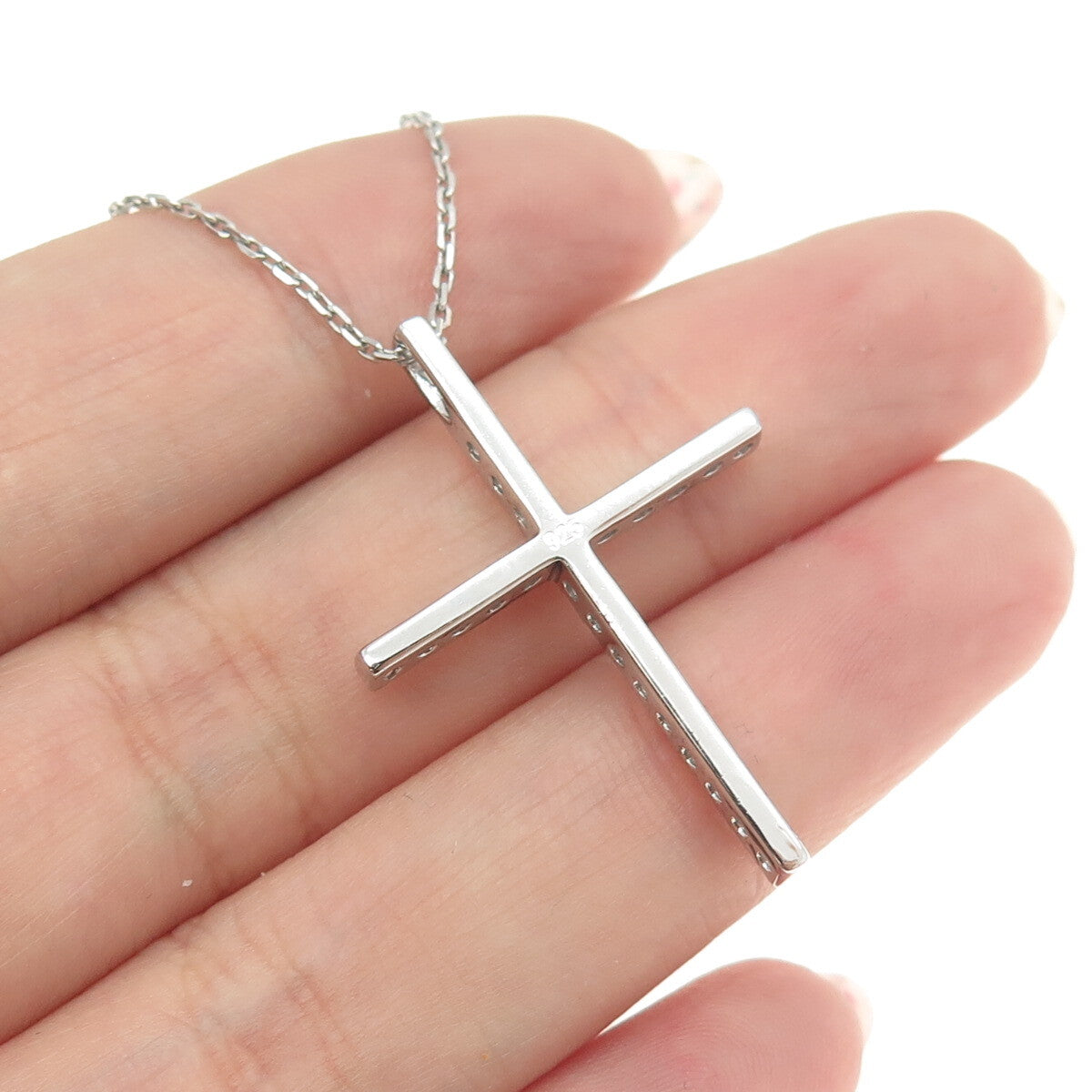 925 Sterling Silver Italy Round-Cut C Z Cross Cable Chain Necklace 16"