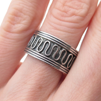 925 Sterling Silver Vintage Modernist Zig Zag Oxidized Band Ring Size 6.5