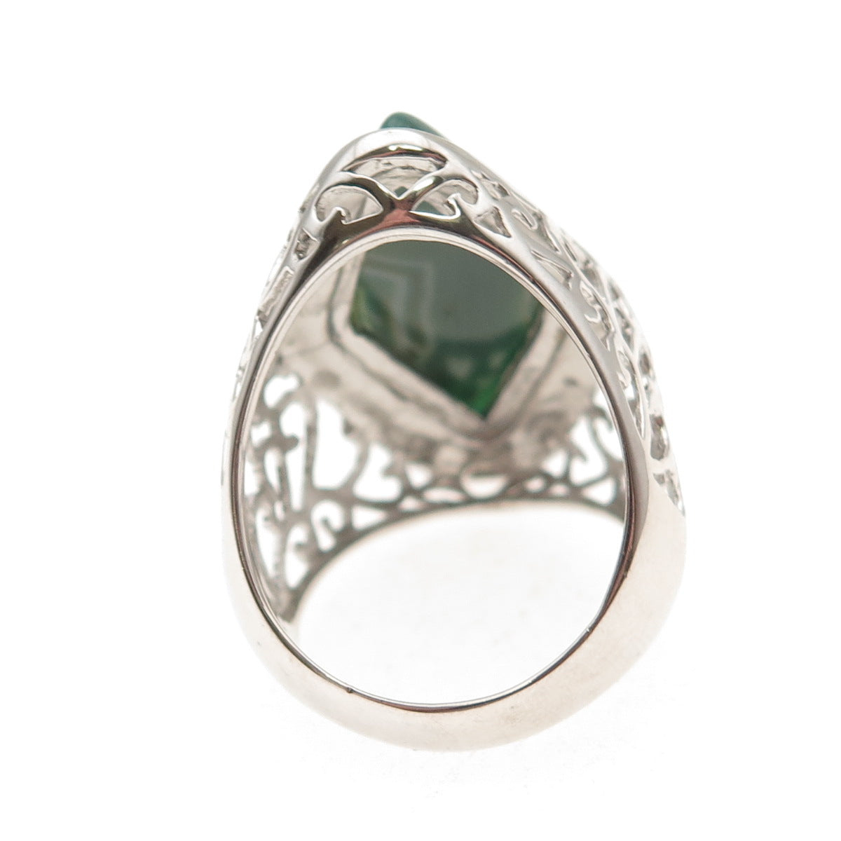 Ken Crafts 925 Sterling Silver Real Green Agate Floral Scroll Ring Size 9.75