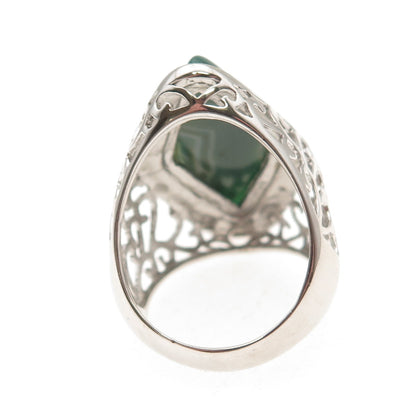Ken Crafts 925 Sterling Silver Real Green Agate Floral Scroll Ring Size 9.75