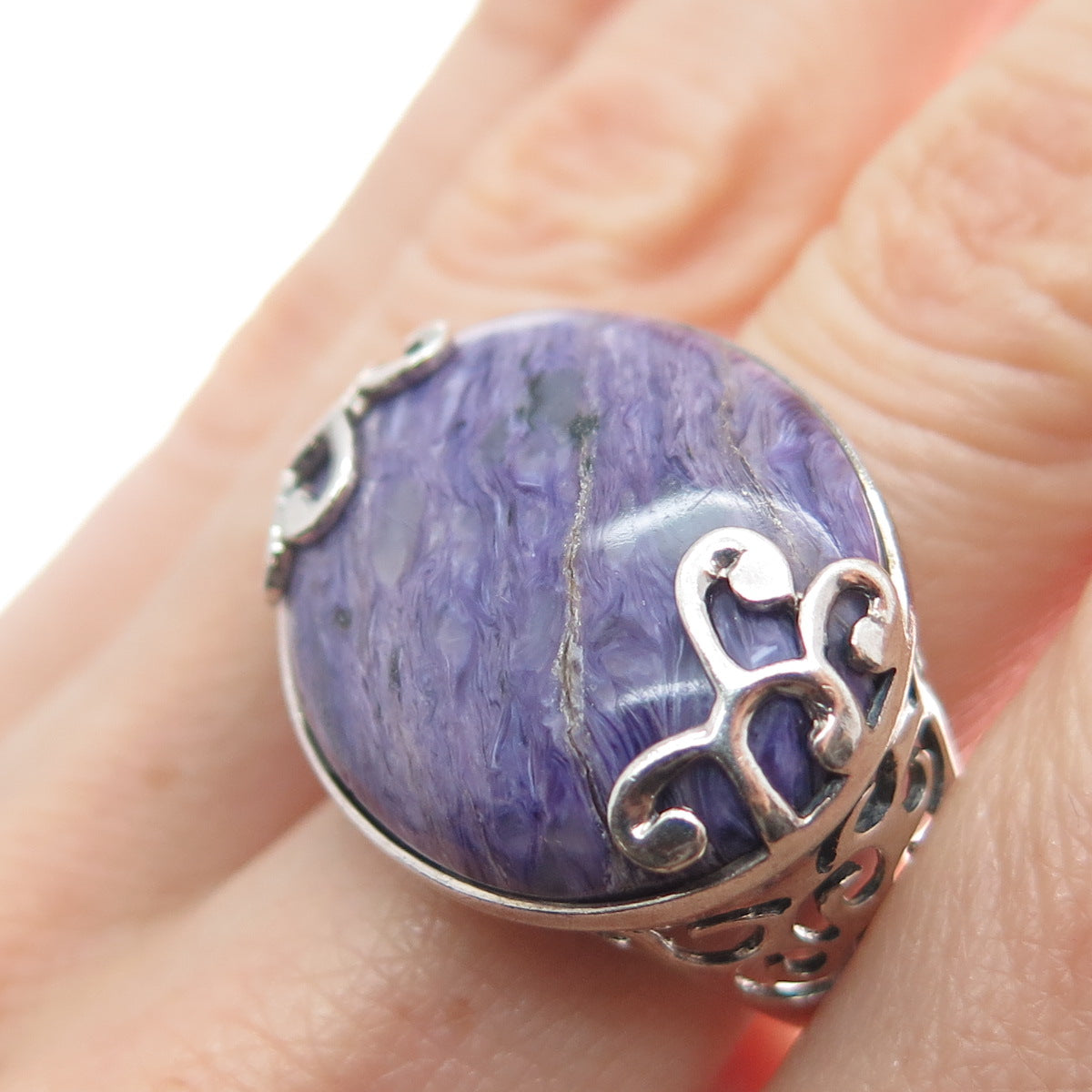 925 Sterling Silver Vintage Real Cabochon Sugilite Gemstone Swirl Ring Size 9.5