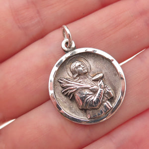 925 Sterling Silver Antique Art Deco St. Lucy Religious Medal Oxidized Pendant