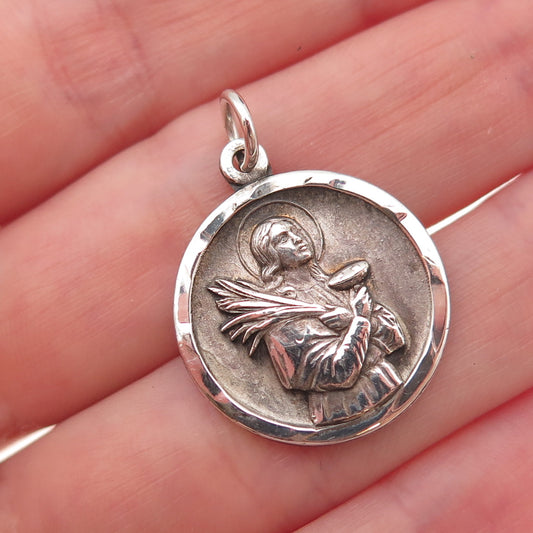 925 Sterling Silver Antique Art Deco St. Lucy Religious Medal Oxidized Pendant