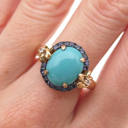 925 Sterling Silver Gold Plated Real Turquoise Iolite Topaz Floral Ring Size 8.5