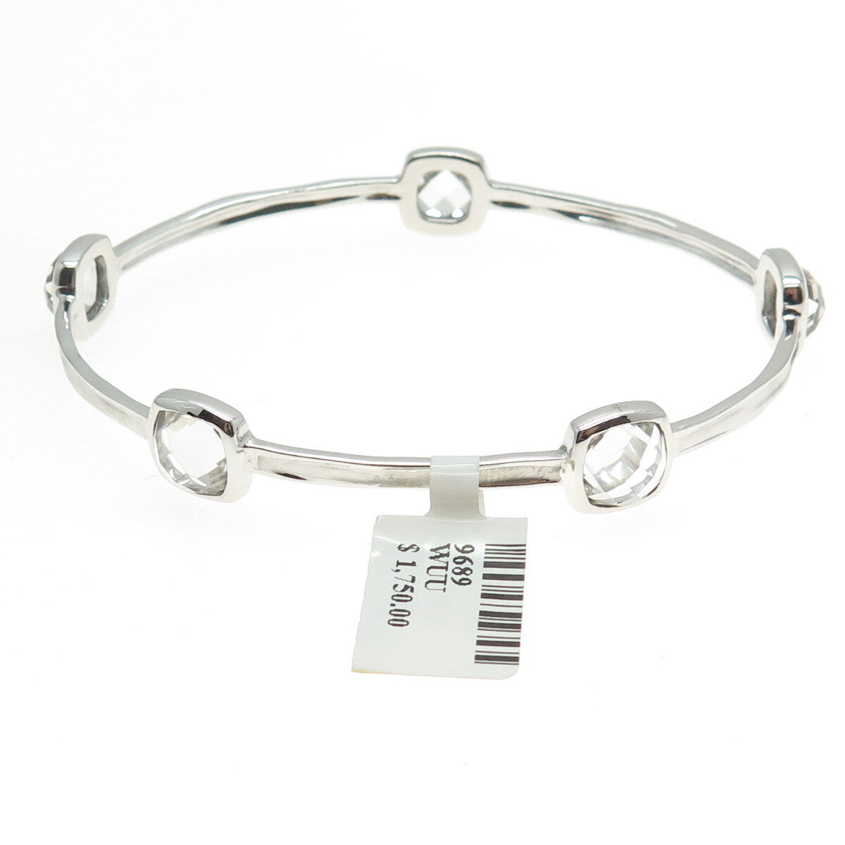 CHARLES GARNIER Sterling Silver Real Clear Quartz Station Bangle Bracelet 7.75"