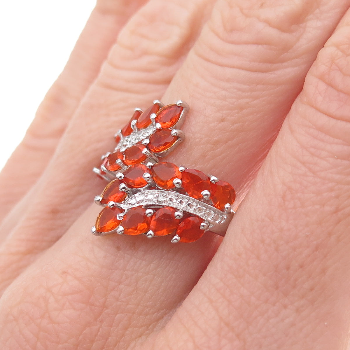 Chuck Clemency 925 Sterling Silver Real Diamond & Fire Opal Bypass Ring Size 8