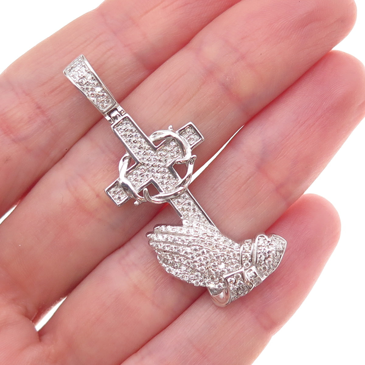 925 Sterling Silver Round-Cut C Z Prayer Hands Cross Pendant