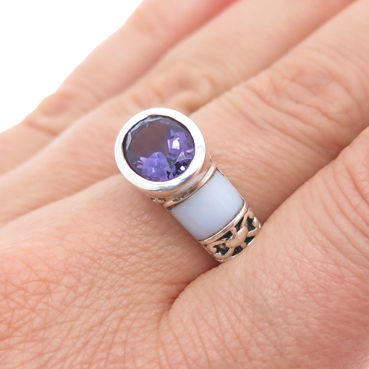 MICHELLE ALBALA Sterling Silver Vintage Real Amethyst Lace Agate Ring Size 7.25