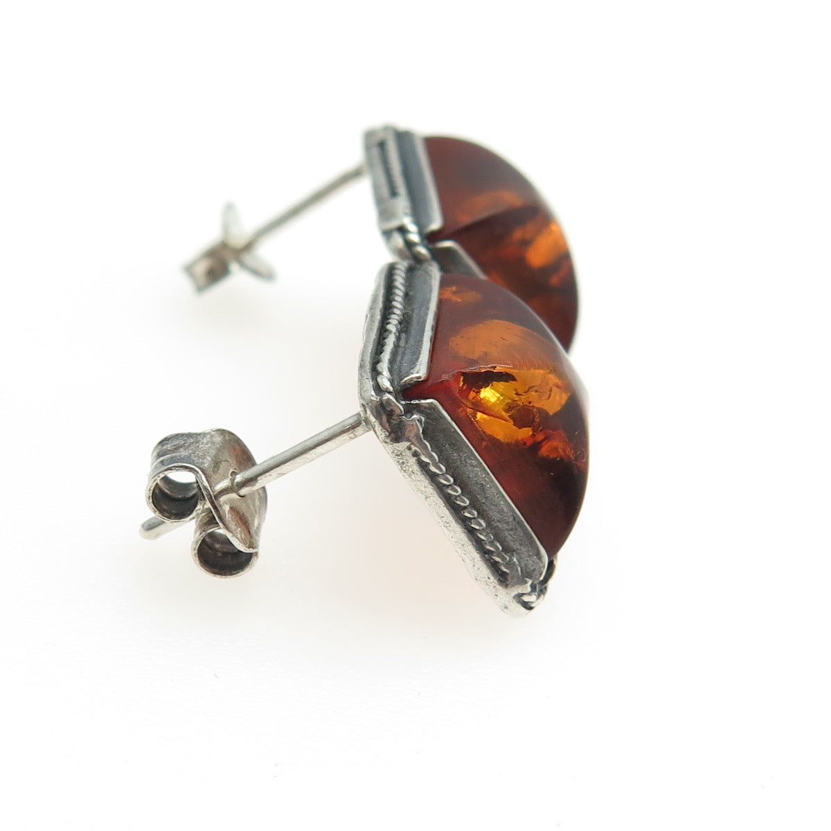 925 Sterling Silver Vintage Real Amber Roped Square Earrings