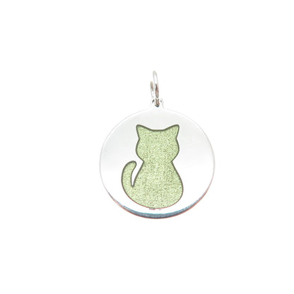 925 Sterling Silver Green Enamel Cat Round Tag Minimalist Charm Pendant