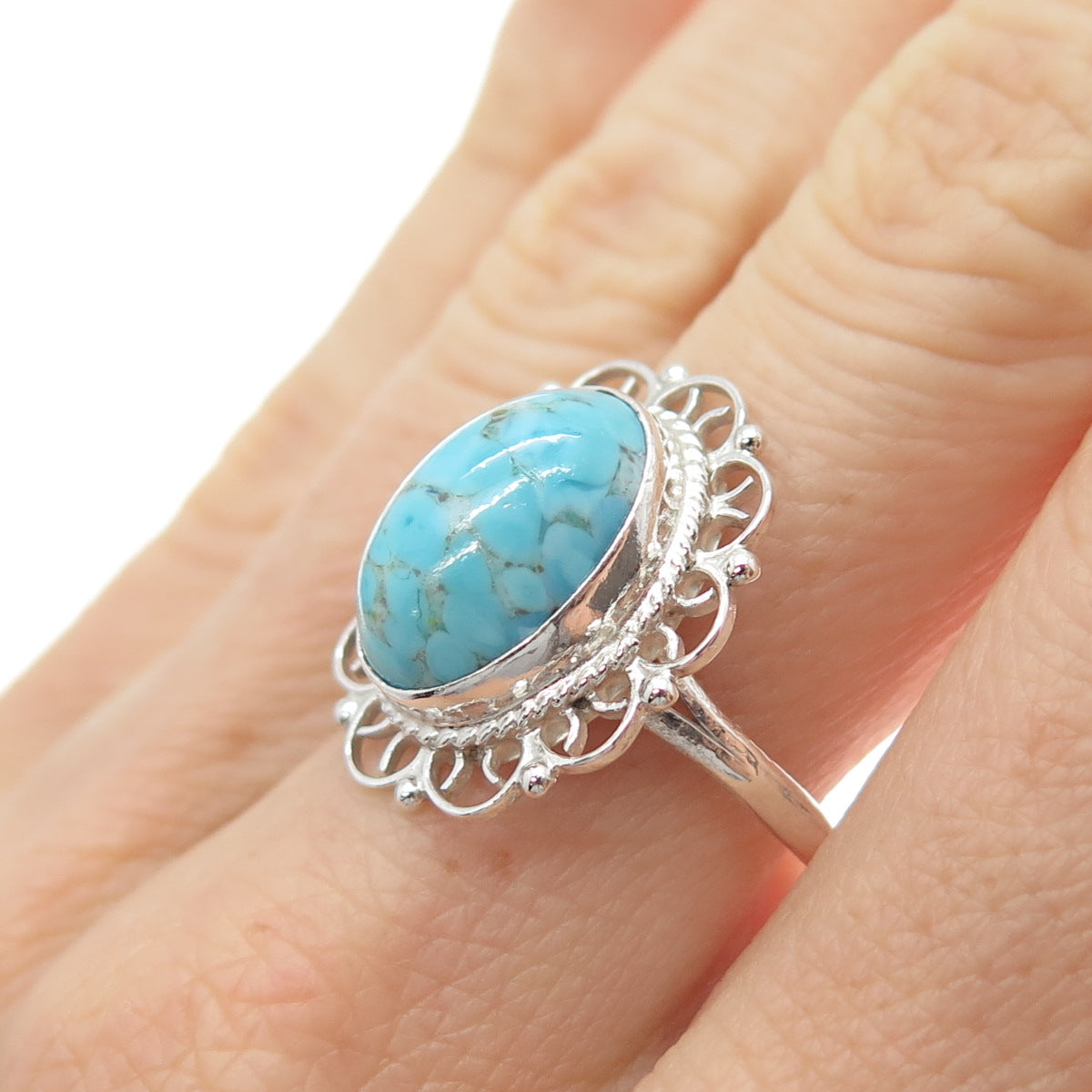 925 Sterling Silver Vintage Faux Turquoise Filigree Flower Ring Size 8