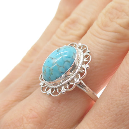 925 Sterling Silver Vintage Faux Turquoise Filigree Flower Ring Size 8
