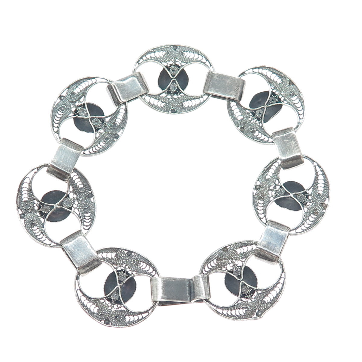 925 Sterling Silver Antique Art Deco Filigree Beaded Oxidized Link Bracelet 7.5"