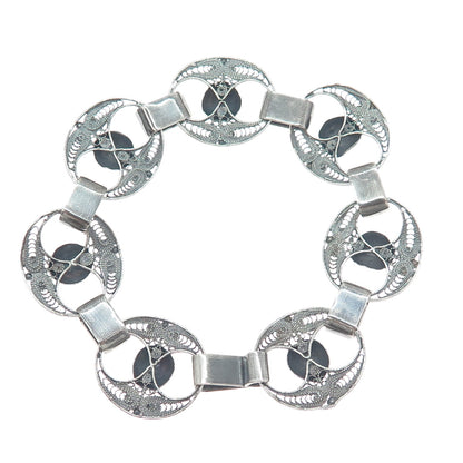 925 Sterling Silver Antique Art Deco Filigree Beaded Oxidized Link Bracelet 7.5"
