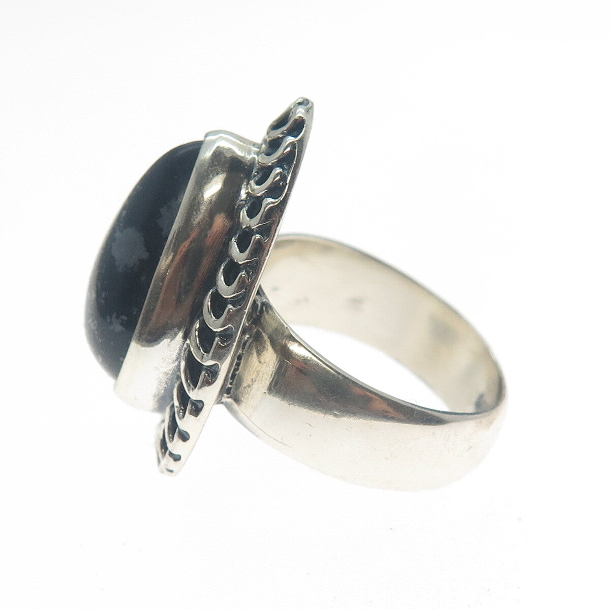 925 Sterling Silver Vintage Pear-Cut Snowflake Obsidian Oxidized Ring Size 9