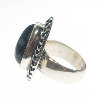 925 Sterling Silver Vintage Pear-Cut Snowflake Obsidian Oxidized Ring Size 9