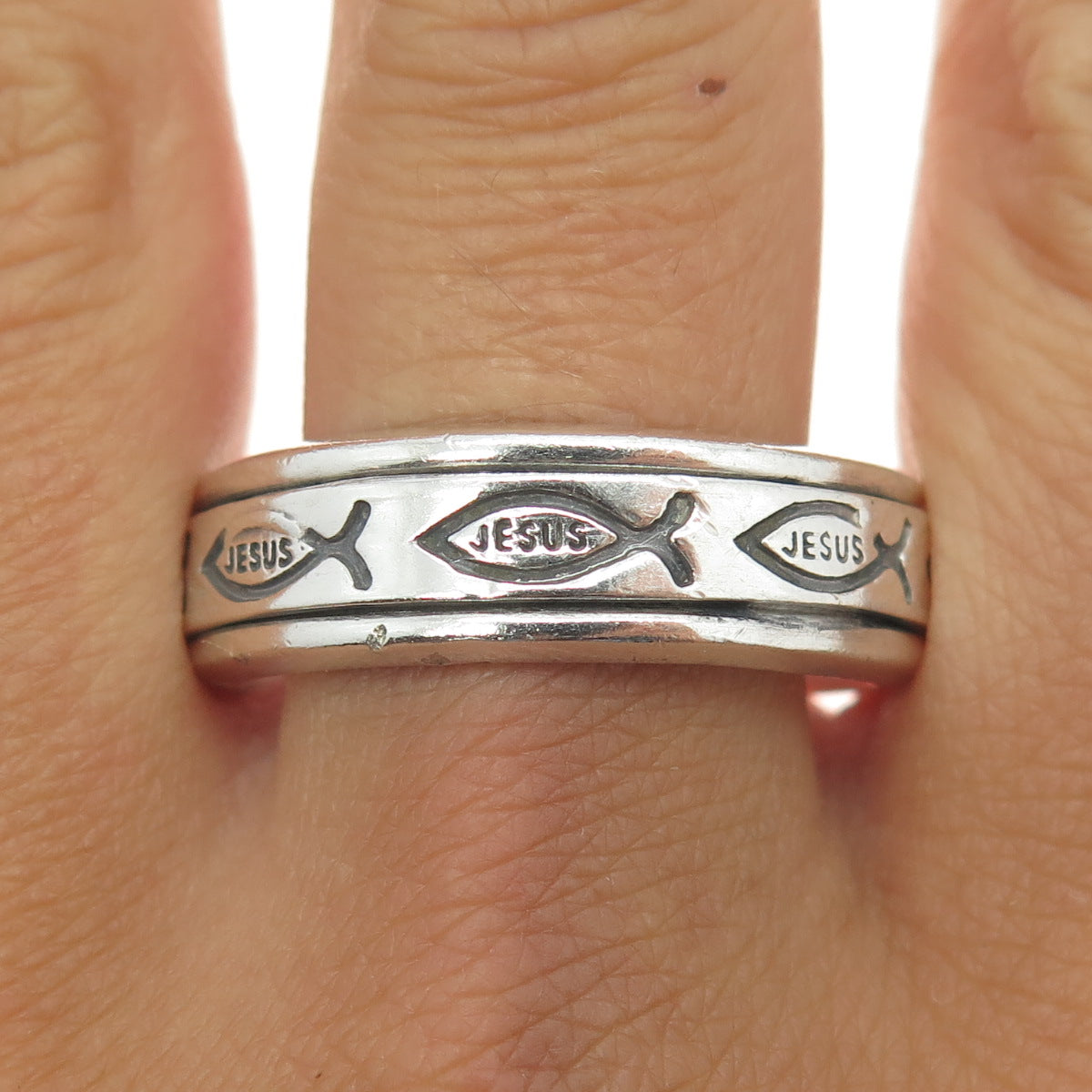 925 Sterling Silver Vintage Jesus Ichthys Religious Rotating Band Ring Size 13.5