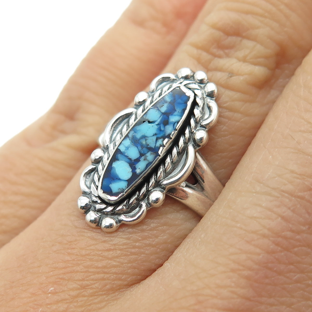 BELL TRADING POST 925 Sterling Silver Vintage Turquoise Gem Inlay Ring Size 7.25