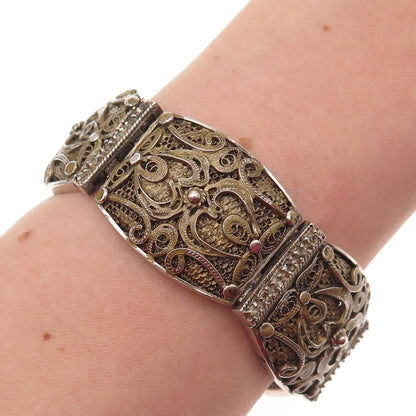 925 Sterling Silver Gold Plated Vintage Floral Filigree Panel Link Bracelet 7.5"