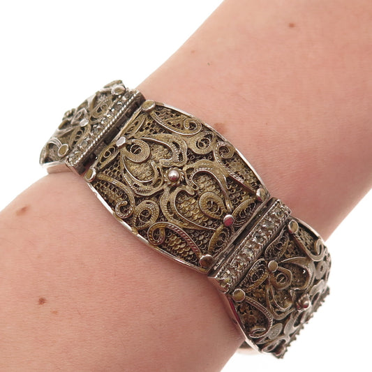925 Sterling Silver Gold Plated Vintage Floral Filigree Panel Link Bracelet 7.5"