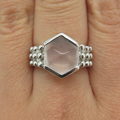 925 Sterling Silver Real Rose Quartz Beaded Ring Size 7.25