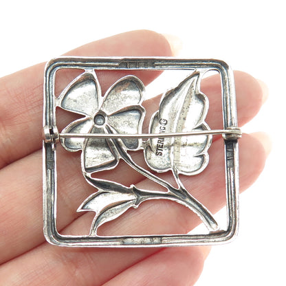 FELCH CO 925 Sterling Silver Vintage Flower Square Frame Pin Brooch