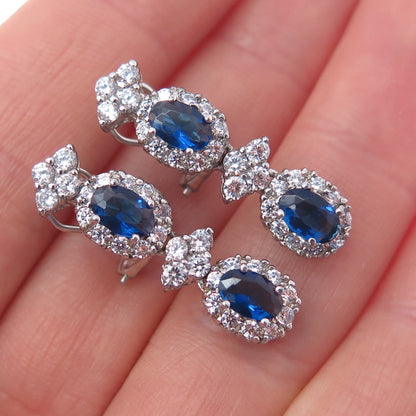 925 Sterling Silver Blue & White C Z Dangle Omega Back Earrings