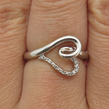 SUN 925 Sterling Silver Real Round-Cut Diamond Twisted Heart Ring Size 7