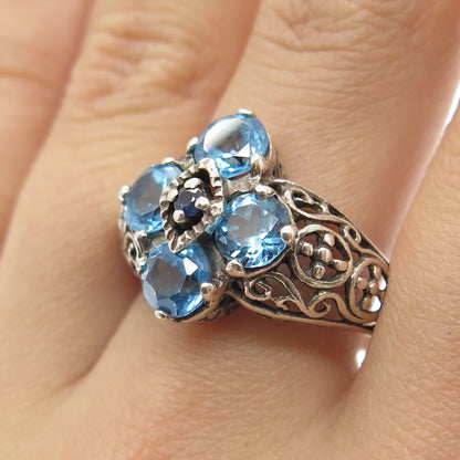 925 Sterling Silver Vintage Real Round-Cut Sapphire & Blue Topaz Ring Size 9