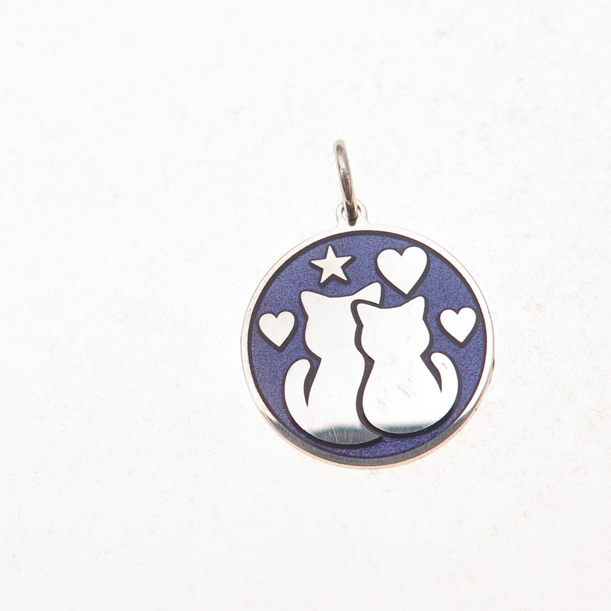 925 Sterling Silver Purple Enamel Cat Couple Charm Pendant