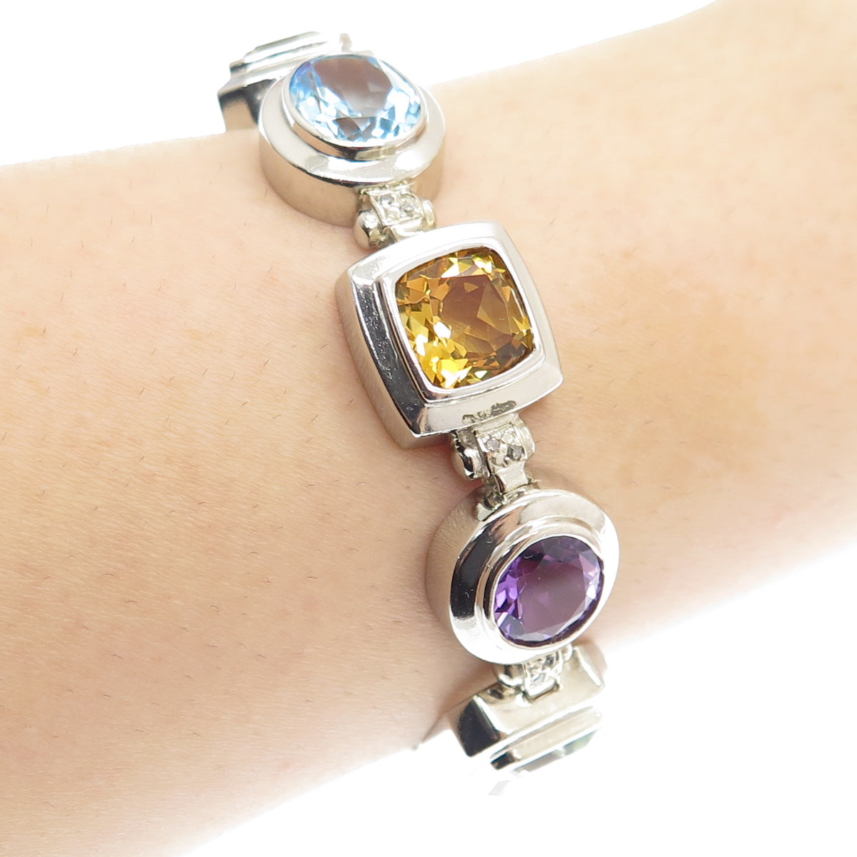 925 Sterling Silver Vintage Diamond Citrine Amethyst Topaz Gem Bracelet 7.25"